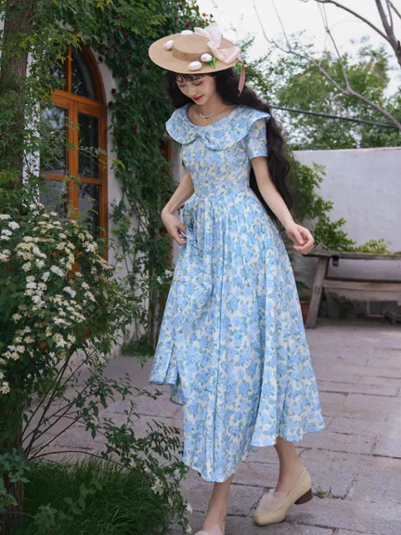 Blue Garden Bloom Vintage Dress