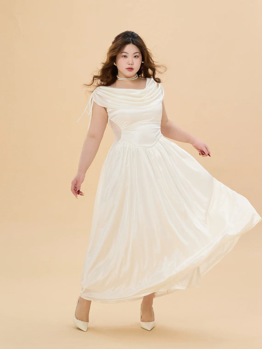 White Satin Glow Plus Size Dress with Ruched Shoulders