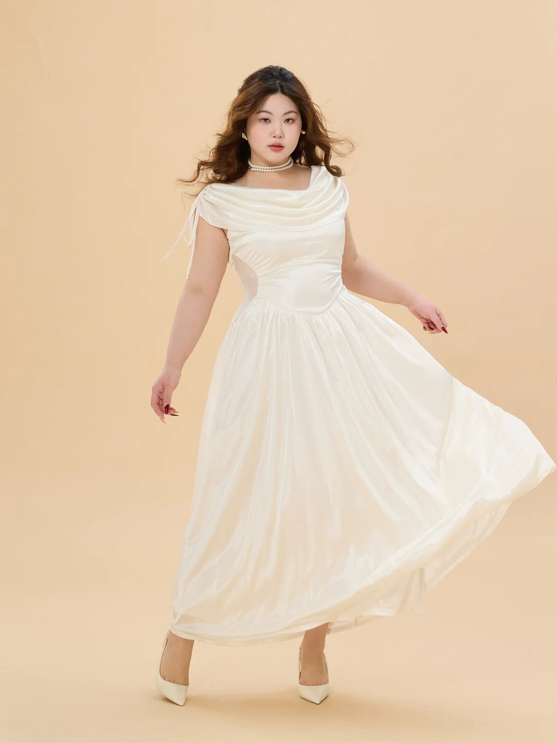 White Satin Glow Plus Size Dress with Ruched Shoulders