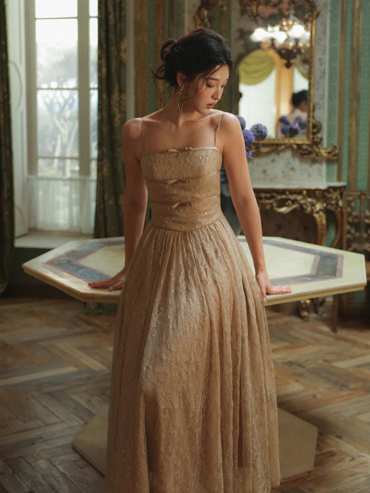 Champagne Lace Bow Evening Dress
