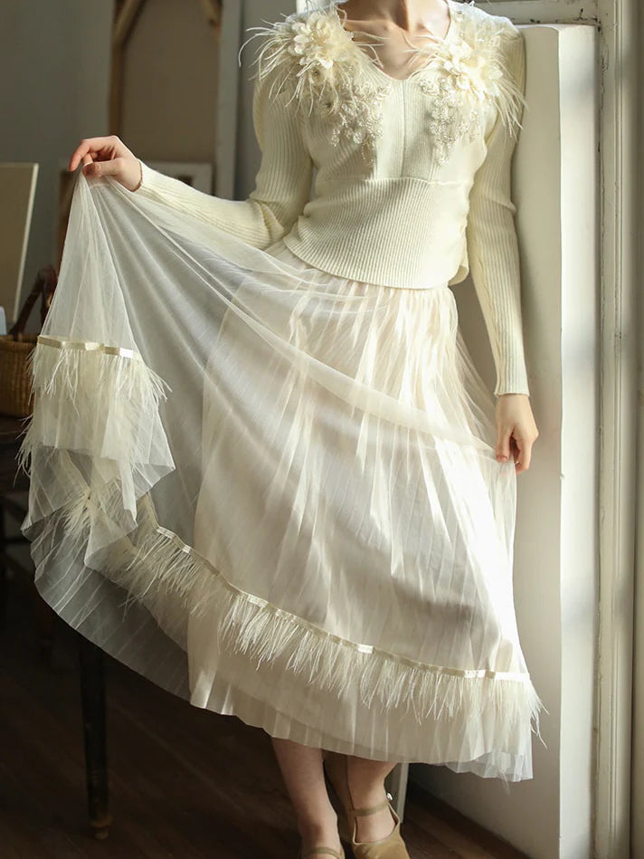 Dreamy Feather-Trim Pleated Skirt