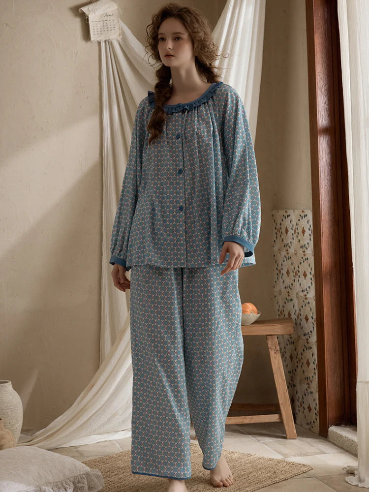 Vintage Geometric Ruffle Pajama Set