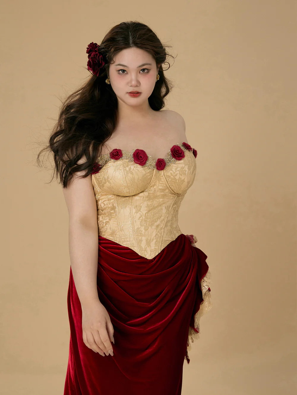 Rose Embellished Gold Corset Velvet Dress