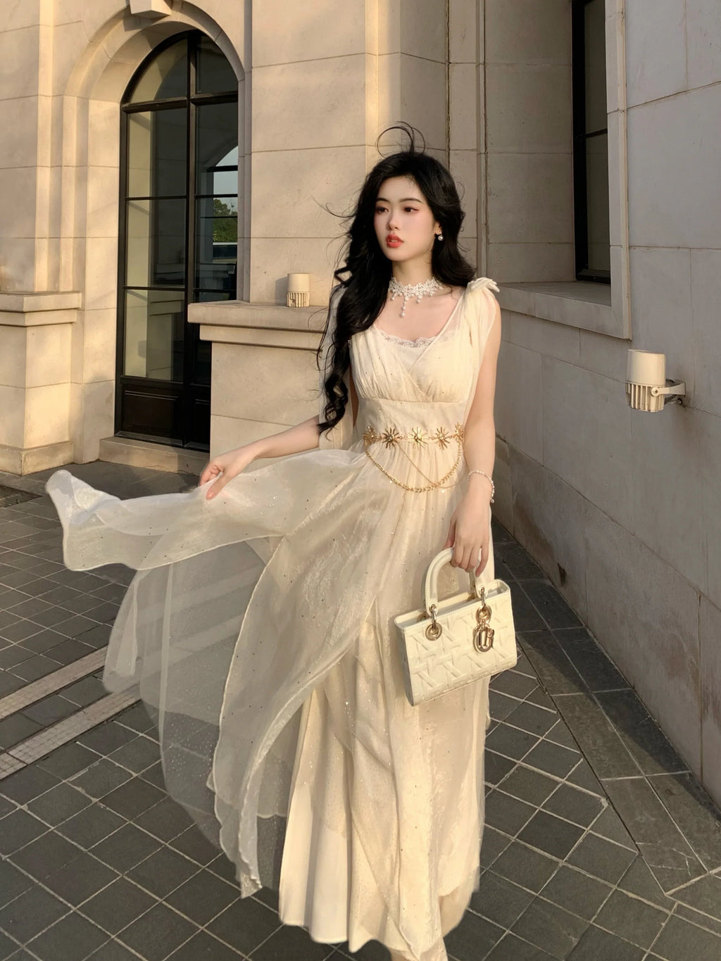 Ethereal Goddess Shimmering Silver Mesh Gown