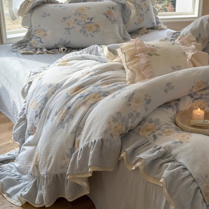 Dusty Blue Rose Print Ruffle Bedding Set