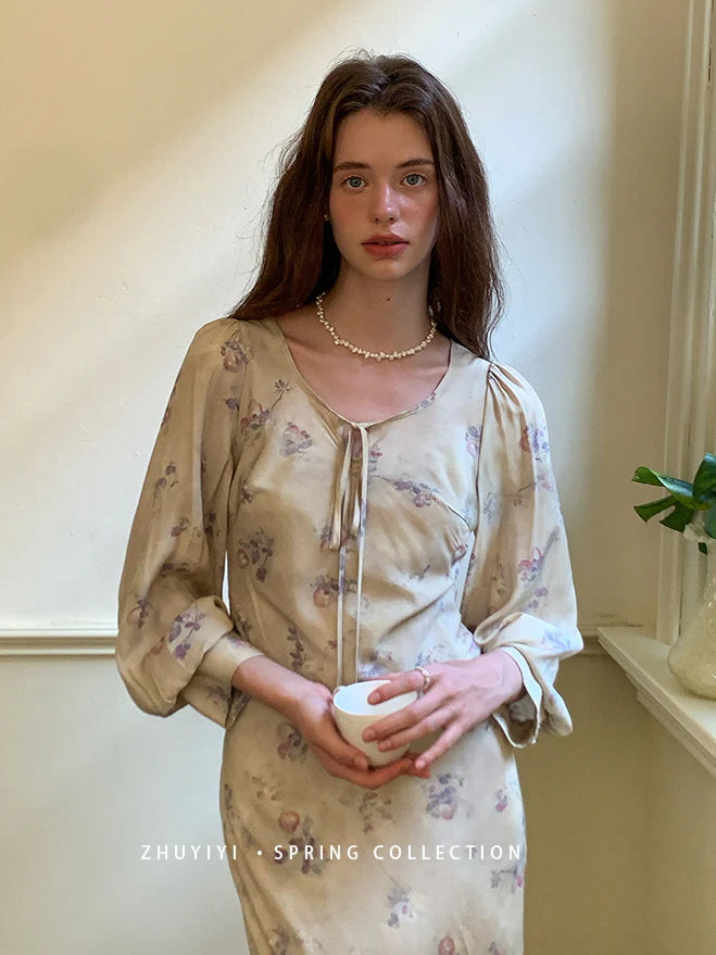 Vintage Bloom Sheer Sleeve Dress