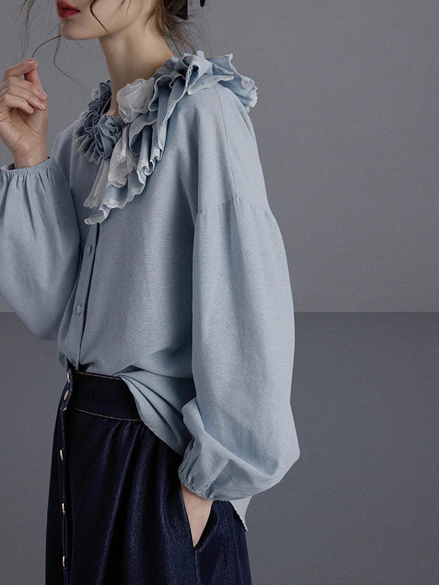 Blue Ruffled Linen-Blend Blouse