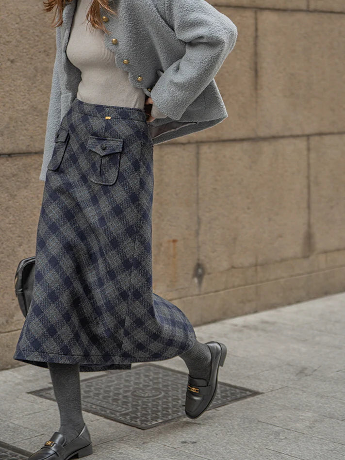Dreamy Woolen Plaid Gray Checkered Skirt