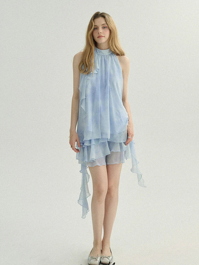 Ethereal Blue Ruffle Rose Halter Top