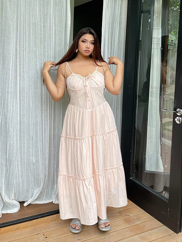 Blush Ribbon-Tie Tiered Dress