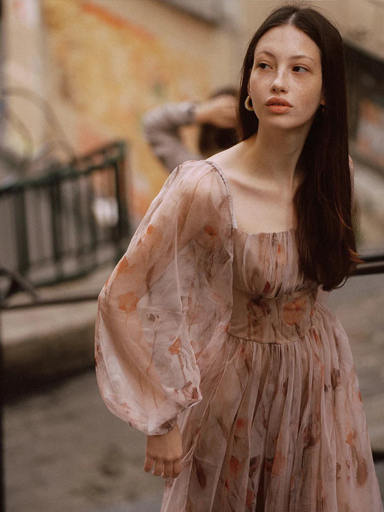 Dusky Floral Dream Puff Sleeve Dress