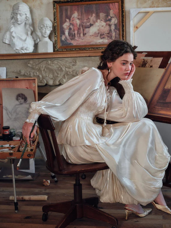 Pearl Ribbon Shirred Ivory Blouse