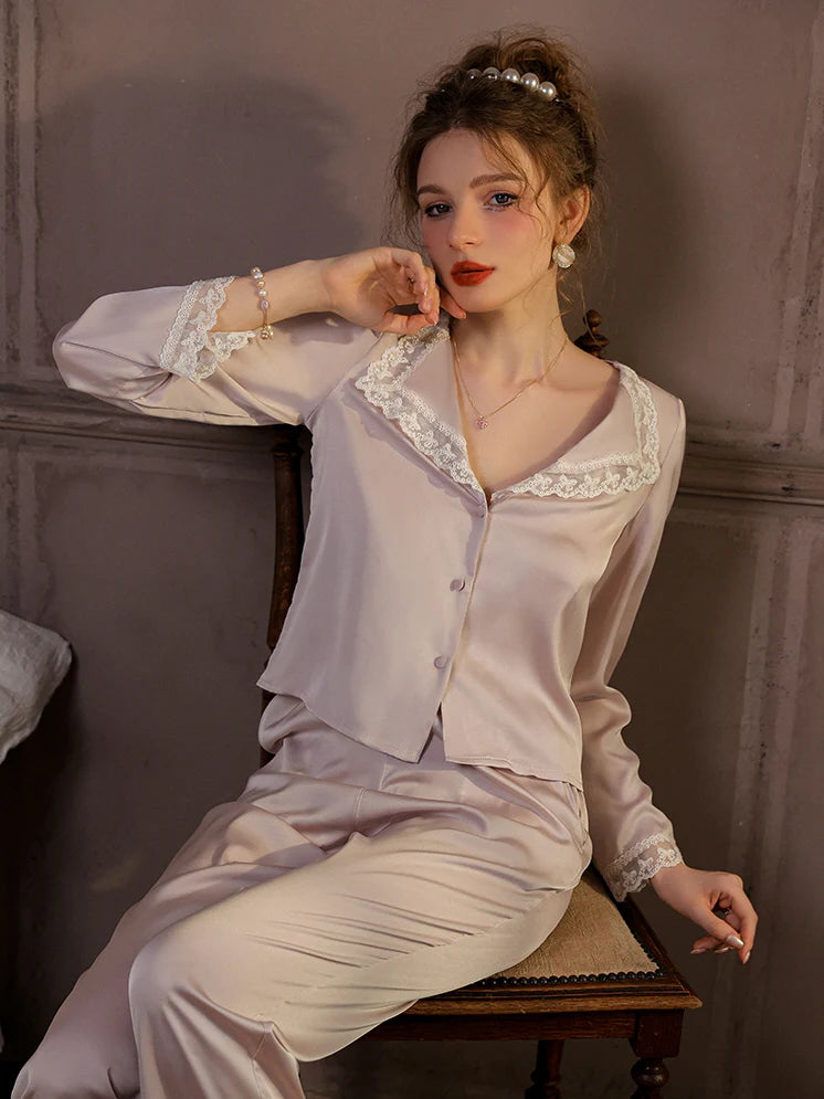 Elegant Lace Trim Loungewear Pajamas Set