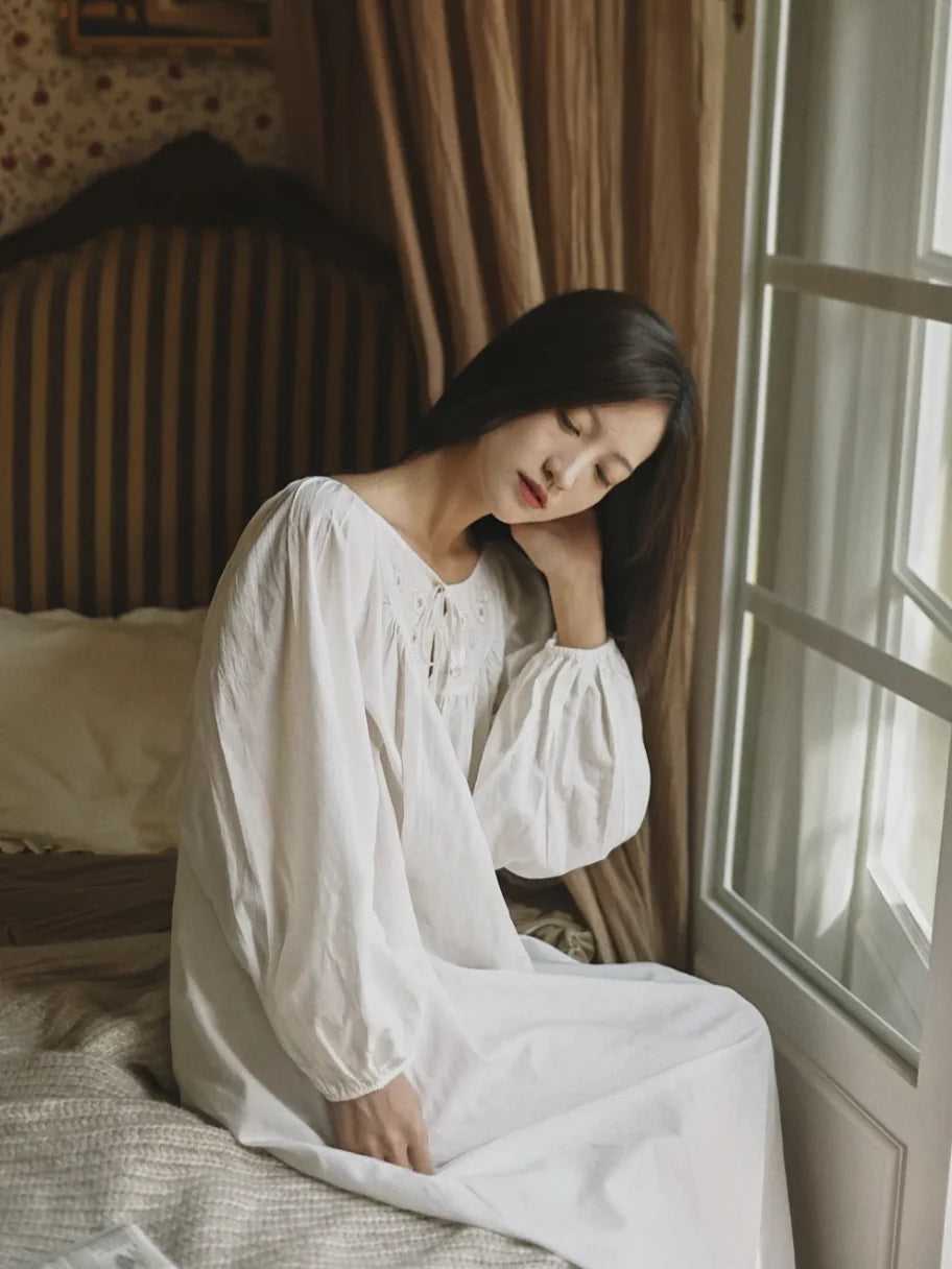 Blossom Embroidery White Cotton Nightgown