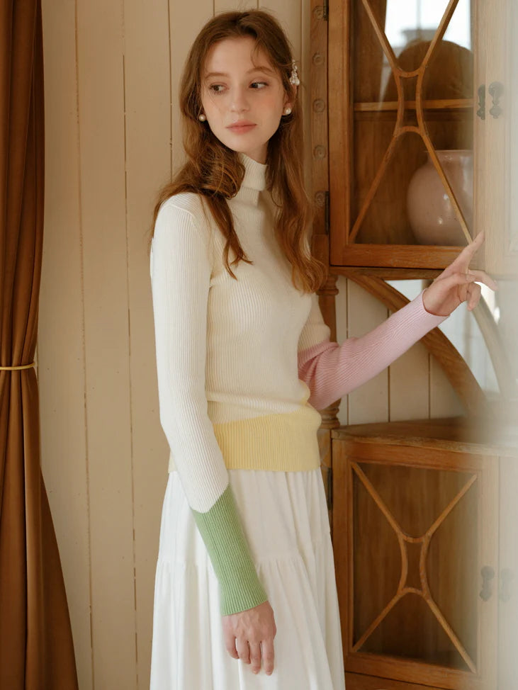 Pastel Color-Block High Neck Sweater