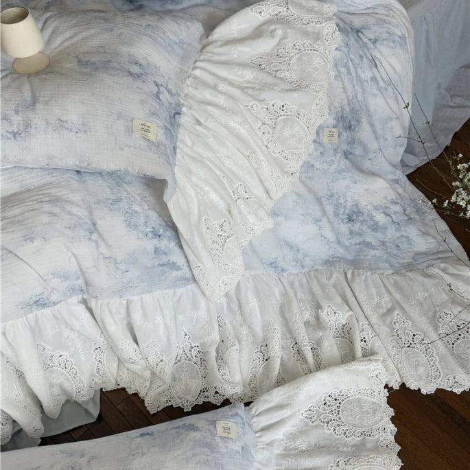 Watercolor Blue Lace Ruffle Bedding Set