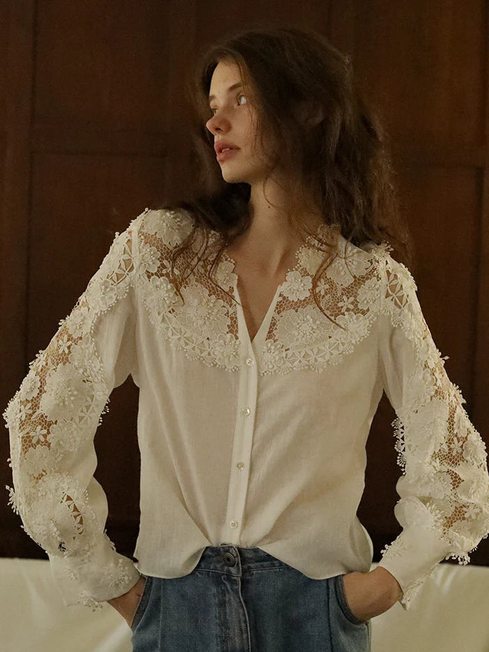 Ethereal Lace Trim Linen-Cotton Blouse