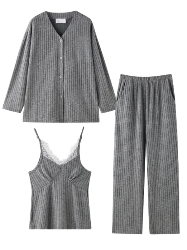 Gray Lace Trim Ribbed Pajama Set