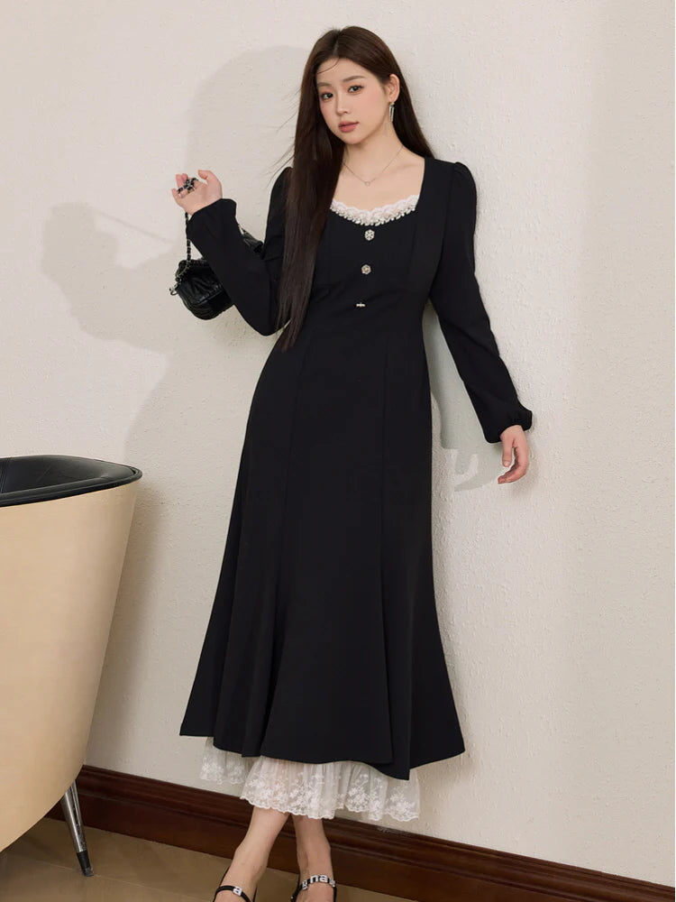 Vintage Buttons Lace Black Dress