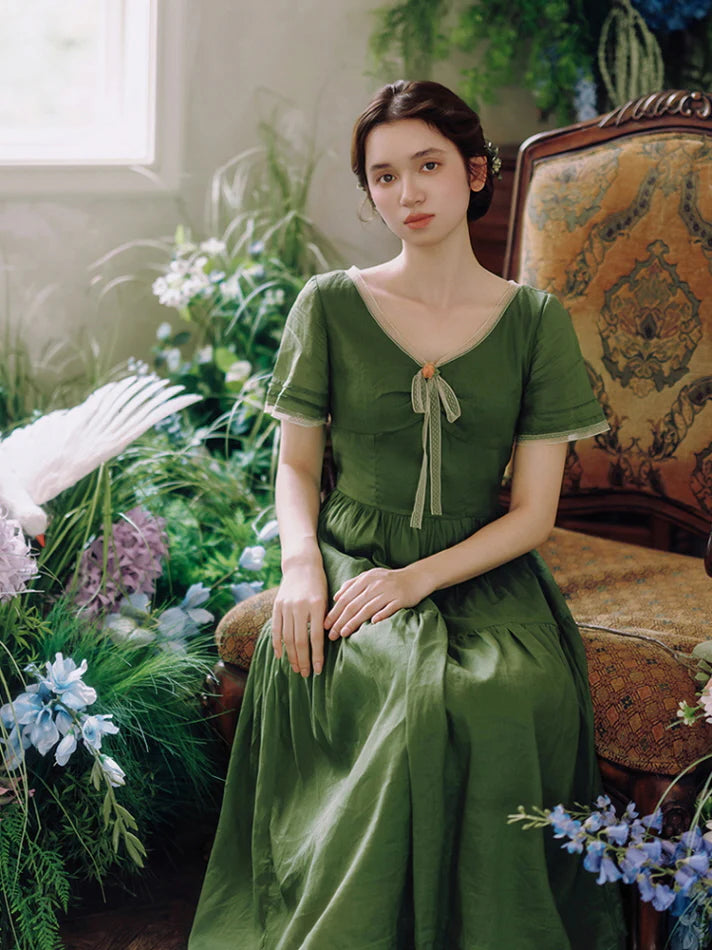 Woodland Green Bow‑Tie Dress