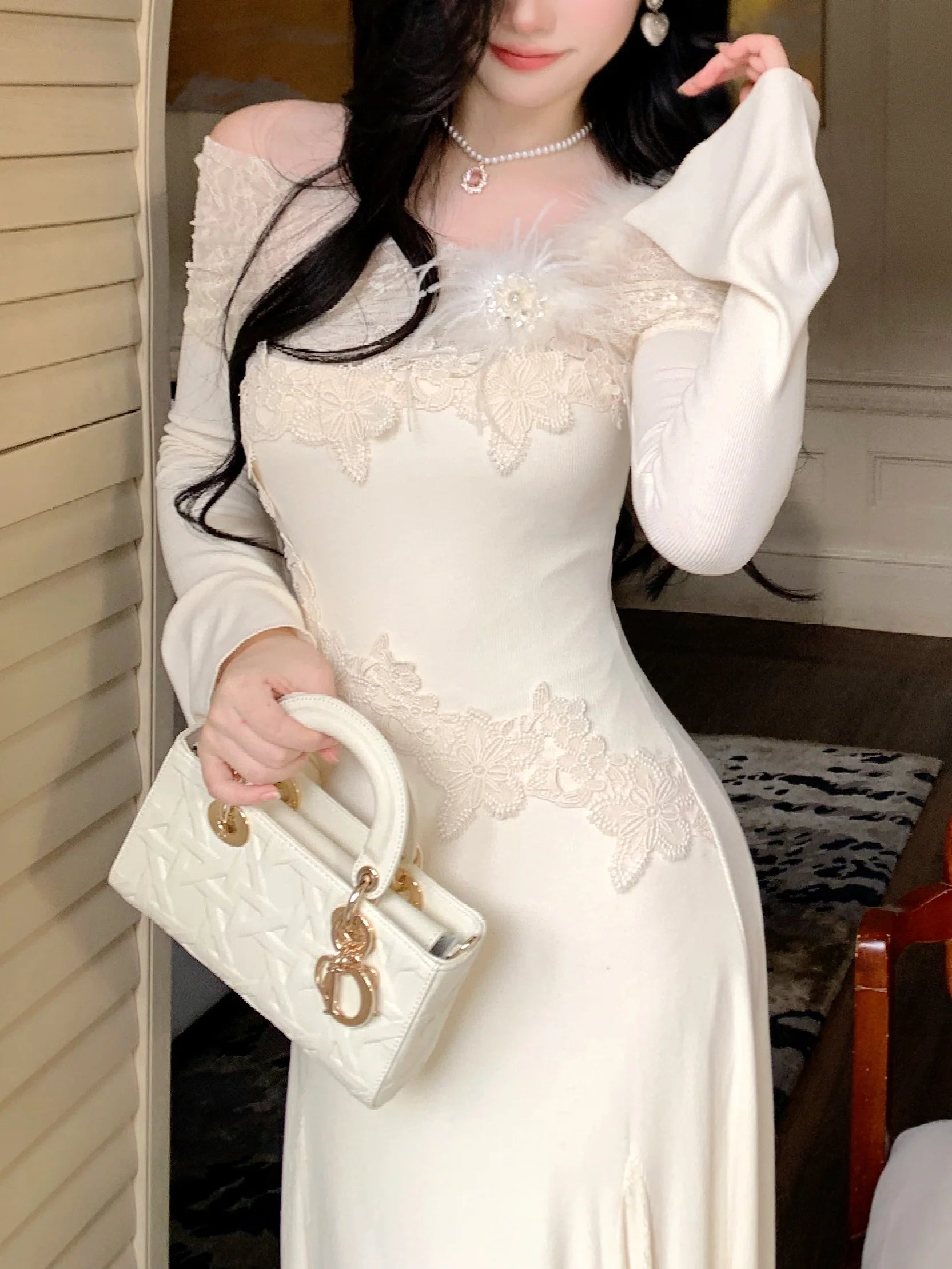 Winter Fairy Lace Feather Gown