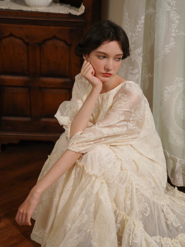 Embroidered Shawl Collar Tiered Dress