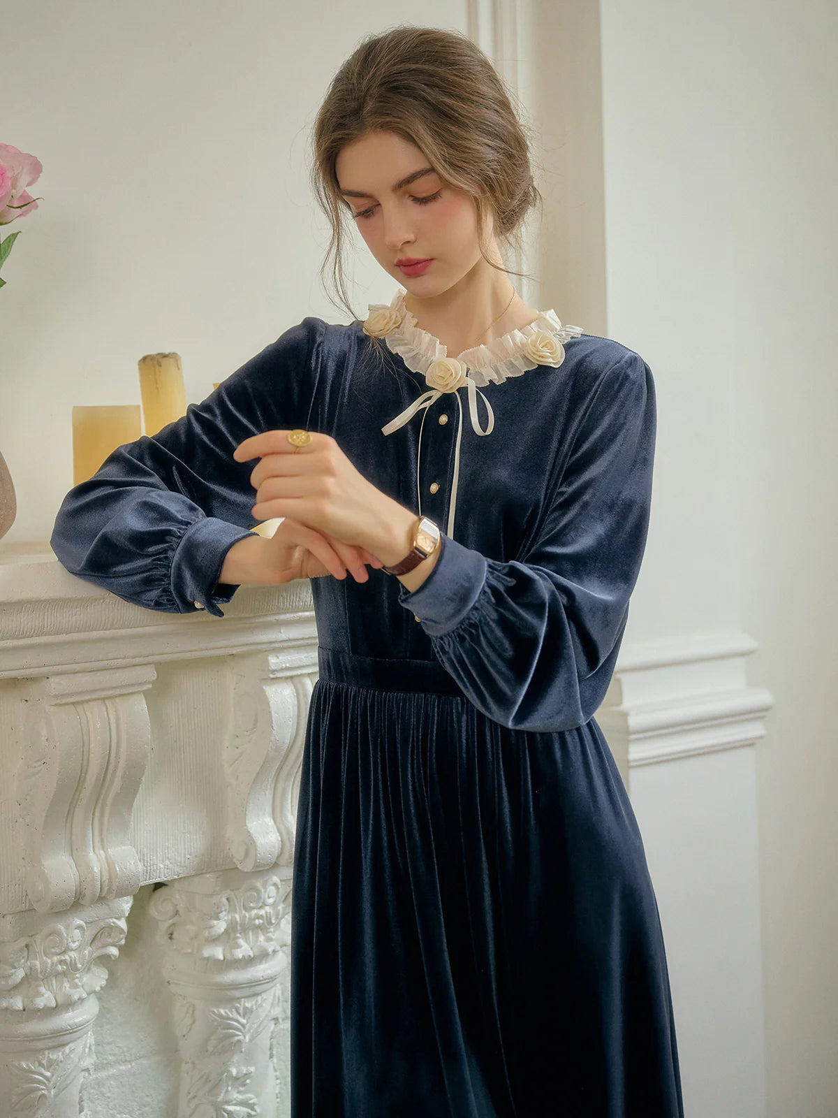 Velvet Rose Collar Blue Dress