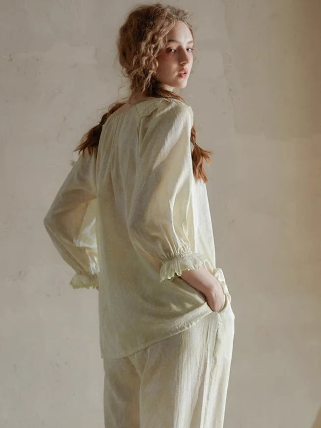 Vintage Ruffled Lace Trim Pajama Set