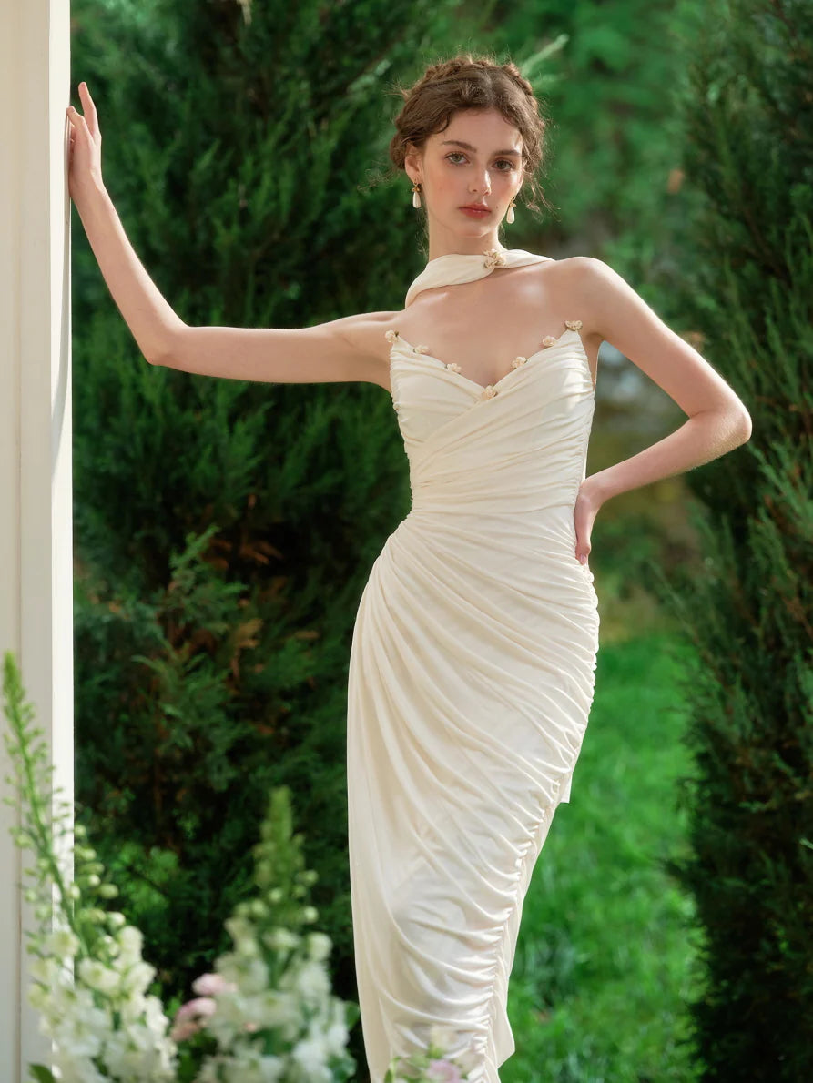 Enchanted Pearl Blossom Ruched Gown