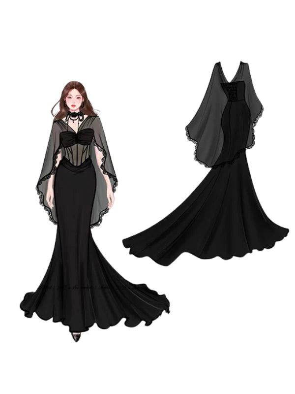 Ethereal Black Lace Drape Corset Gown
