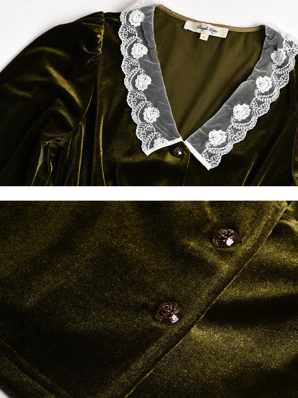 Velvet Elegance Green Lace-Trim Blouse