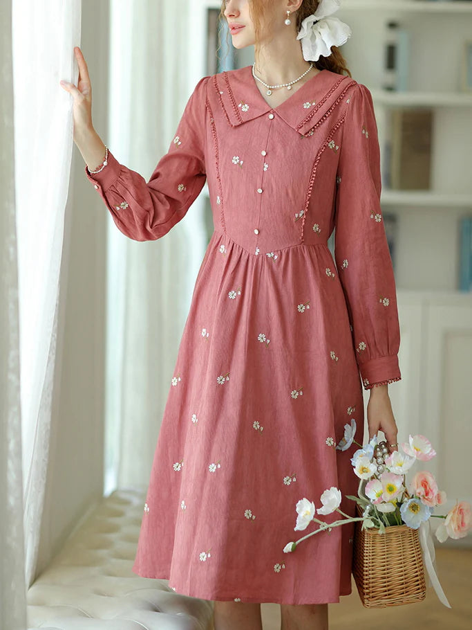 Daisy Dream Embroidered Pink Cotton Dress