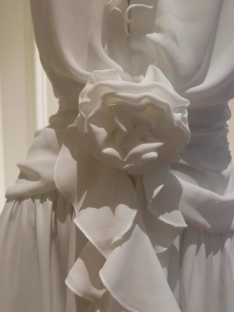 Ethereal Ruffle Rose White Dress