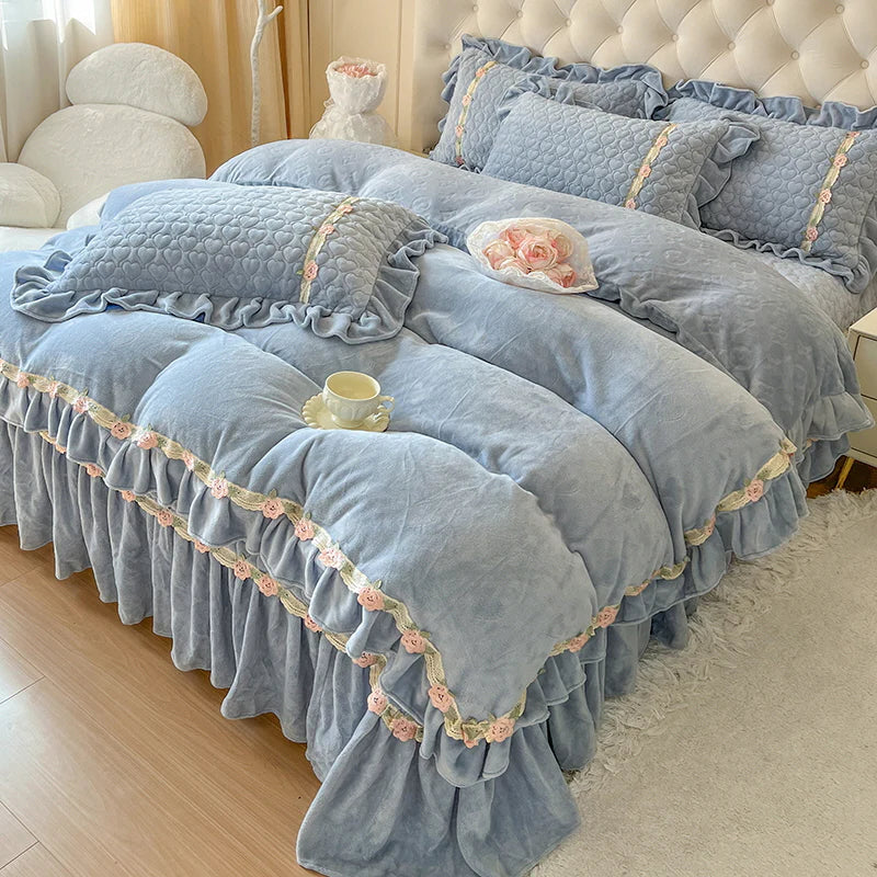 Princess Velvet Rose Ruffle Bedding Set
