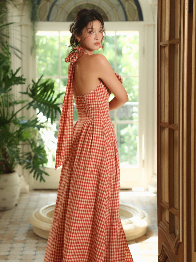 Romantic Gingham Red Check Halter Dress