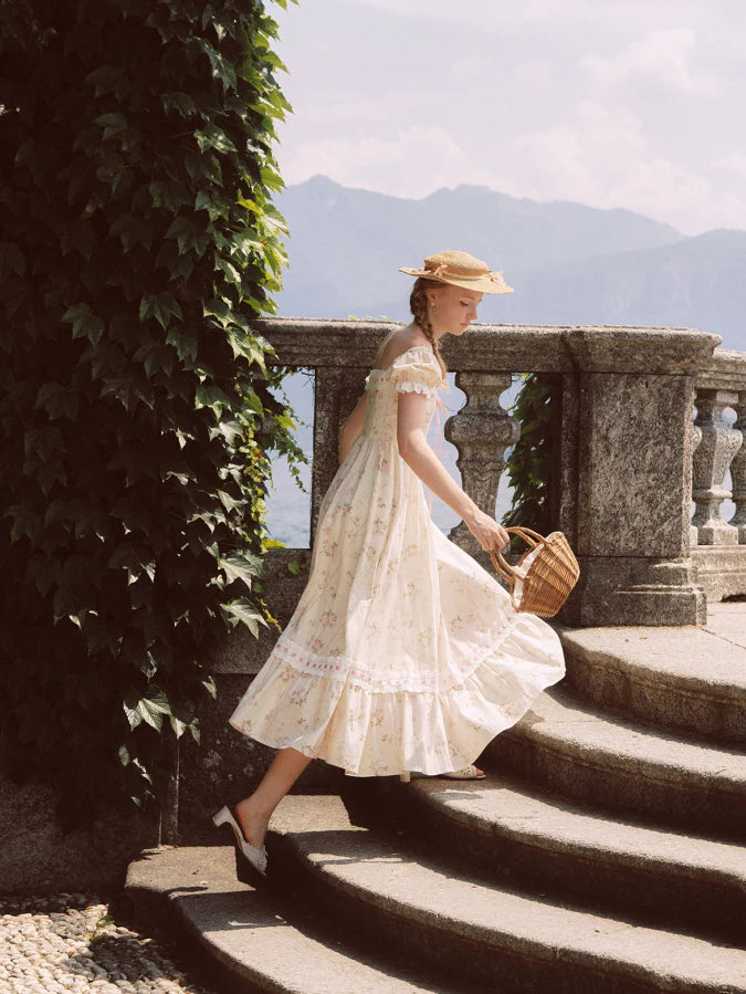 Vintage Rose Garden Lace-Up Off-Shoulder Dress