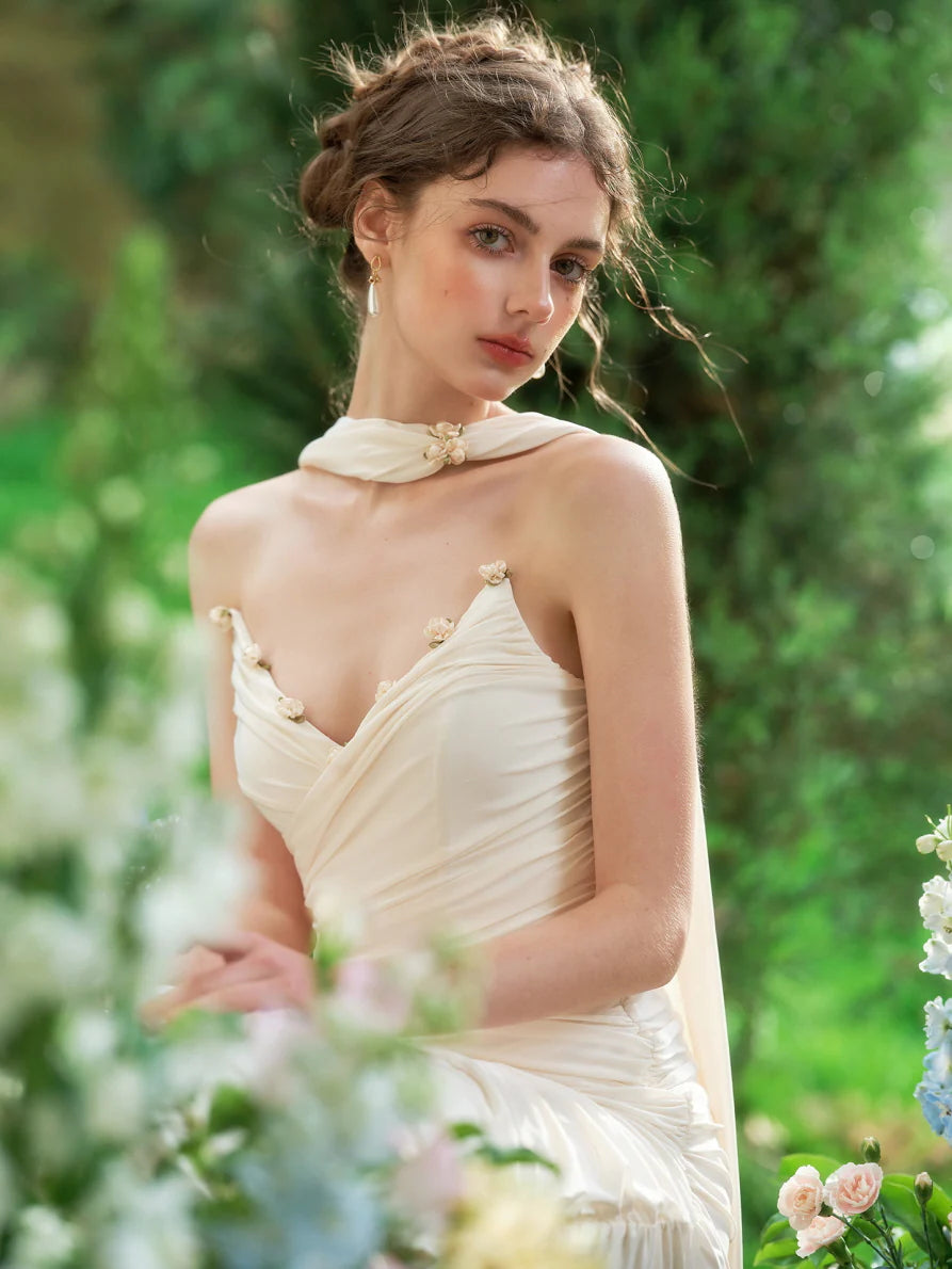 Enchanted Pearl Blossom Ruched Gown