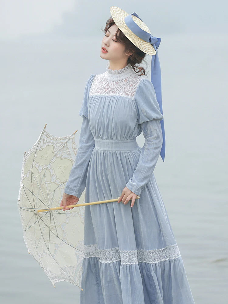 Vintage Blue Lace-Trimmed Elegant Dress