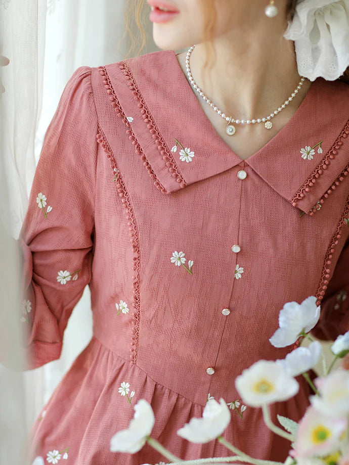 Daisy Dream Embroidered Pink Cotton Dress