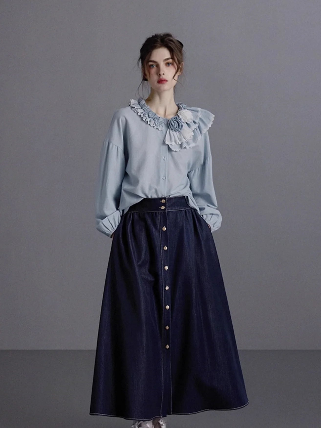 Blue Ruffled Linen-Blend Blouse