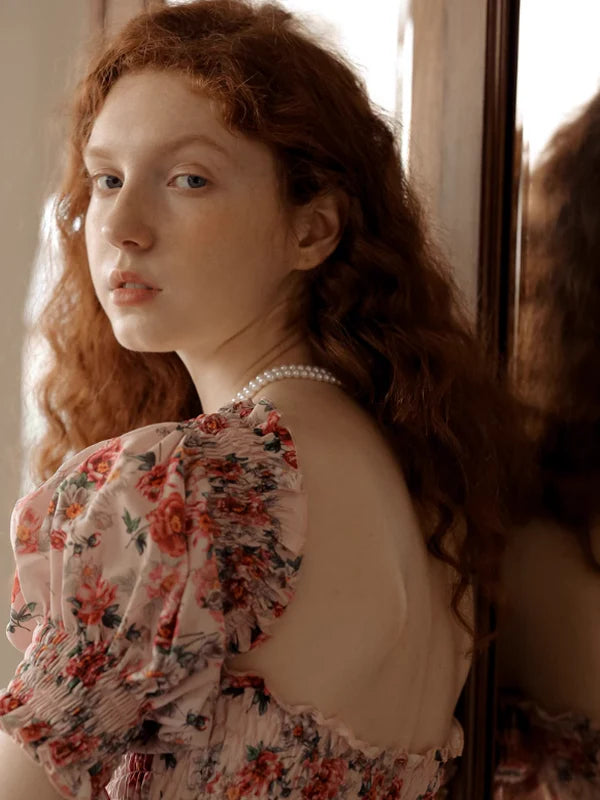 Vintage Pink Flower Off-Shoulder Dress