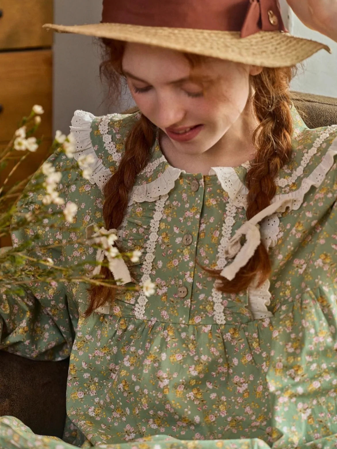 Green Floral Lace Trim Pajama Set