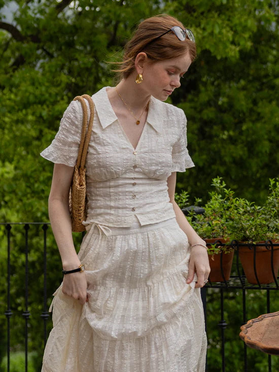 Vintage Textured Cotton Blouse & Skirt