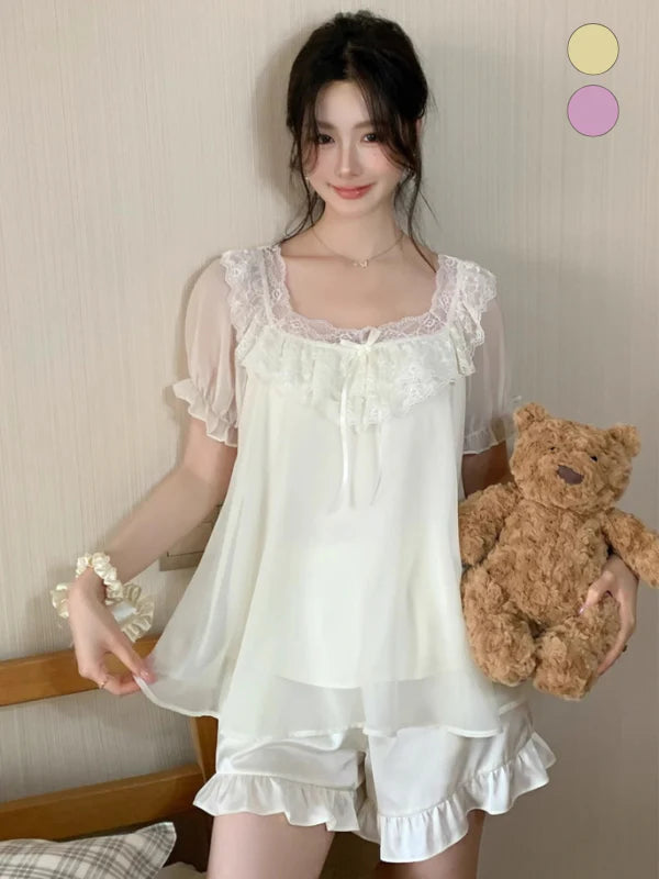 Blush Ruffle Lace Chiffon Pajama Set