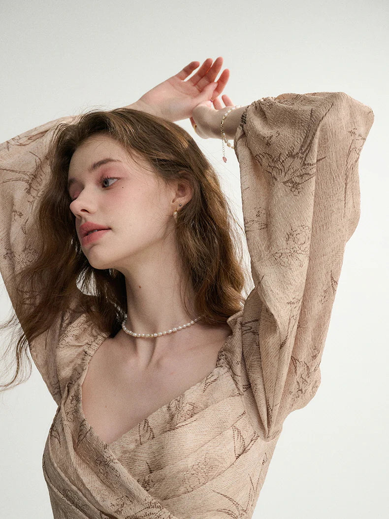 Vintage Botanical Puff-Sleeve Dress