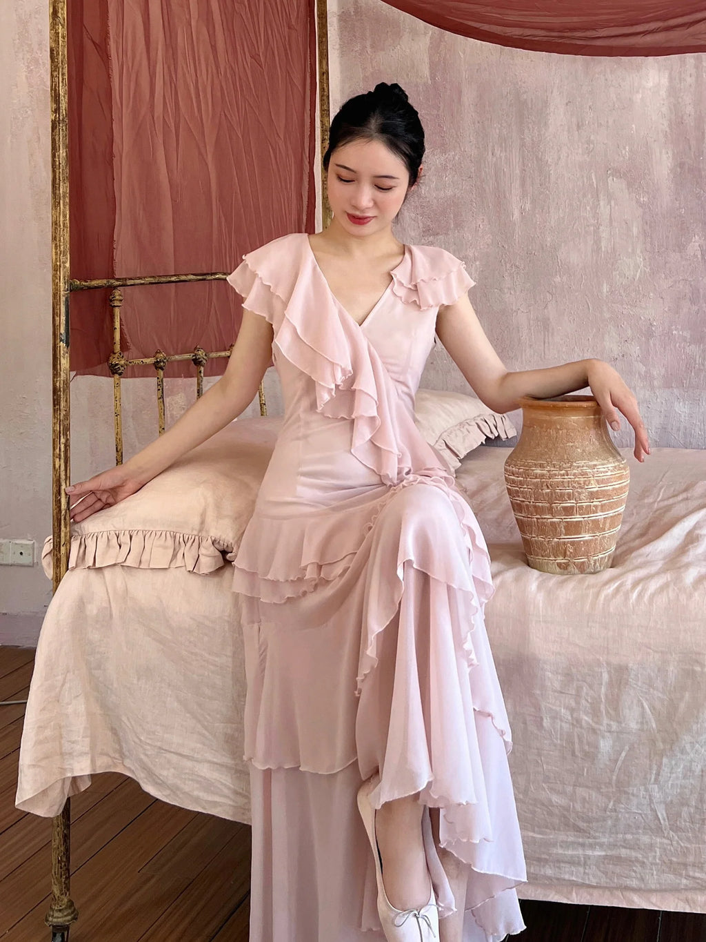 Graceful Pink Ruffle V-Neck Maxi Dress