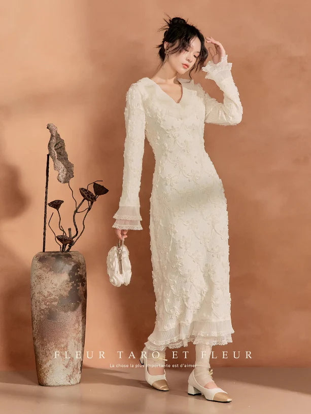 Ivory Blossom Lace-Trim Knit Dress