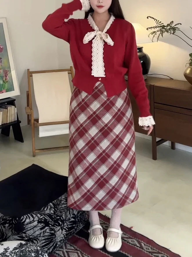 Ruby Plaid Wool Blend Skirt