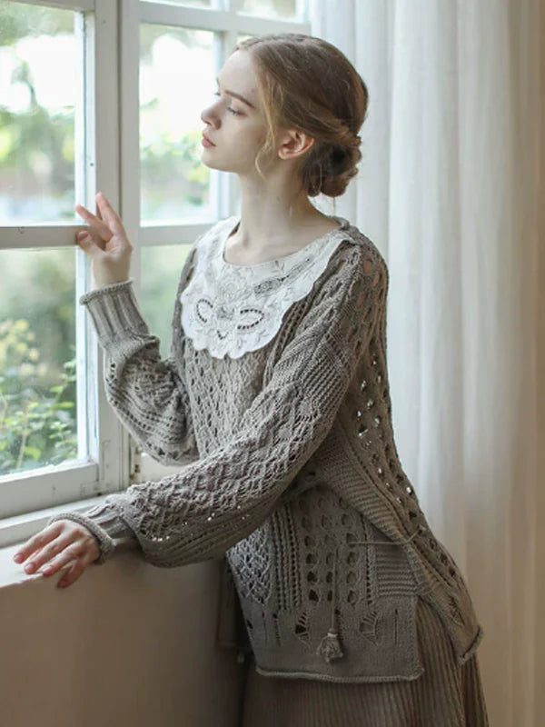 Graceful Lace Collar Brown-Gray Knitwear