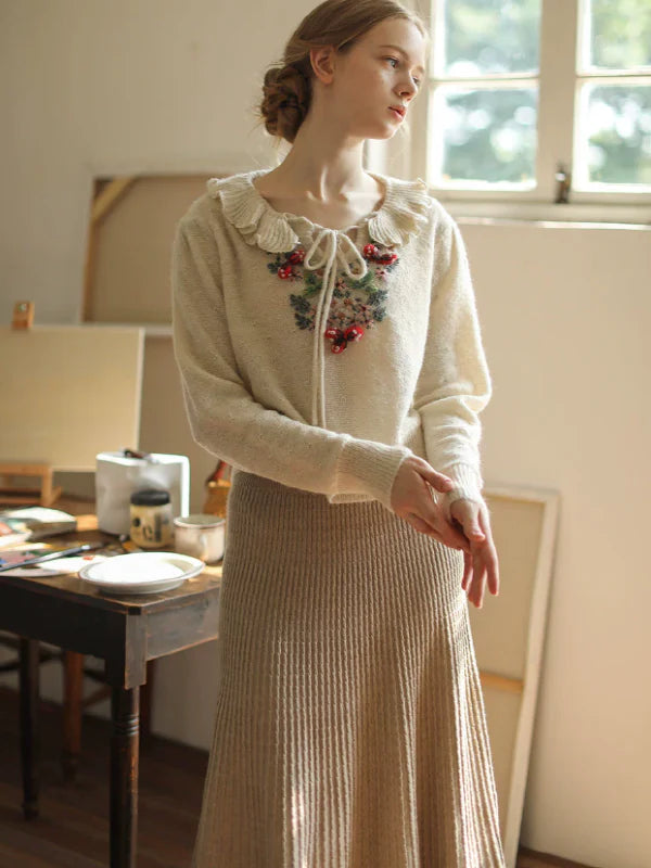 Simple Beige Pleated Wool Skirt